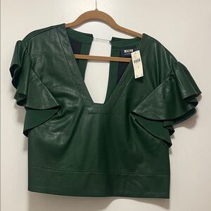 Maeve Deep Green Faux Leather Ruffle sleeve Blouse
